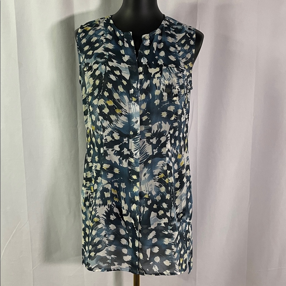 CAbi Blue Yellow & White Abstract Print Sleeveless Avery Tunic Top